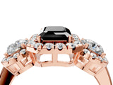 Rose gold Fancy Black Emerald Cut Diamond Three-Stone Halo Ring with Prong Setting and Pavé Accents_4