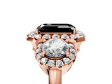 Rose gold Fancy Black Emerald Cut Diamond Three-Stone Halo Ring with Prong Setting and Pavé Accents_5