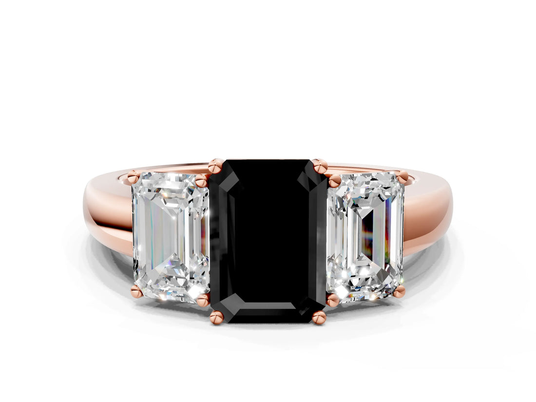 Rose gold Fancy Black Emerald Cut Diamond Three-Stone Ring with Four-Prong Setting and Classic Band