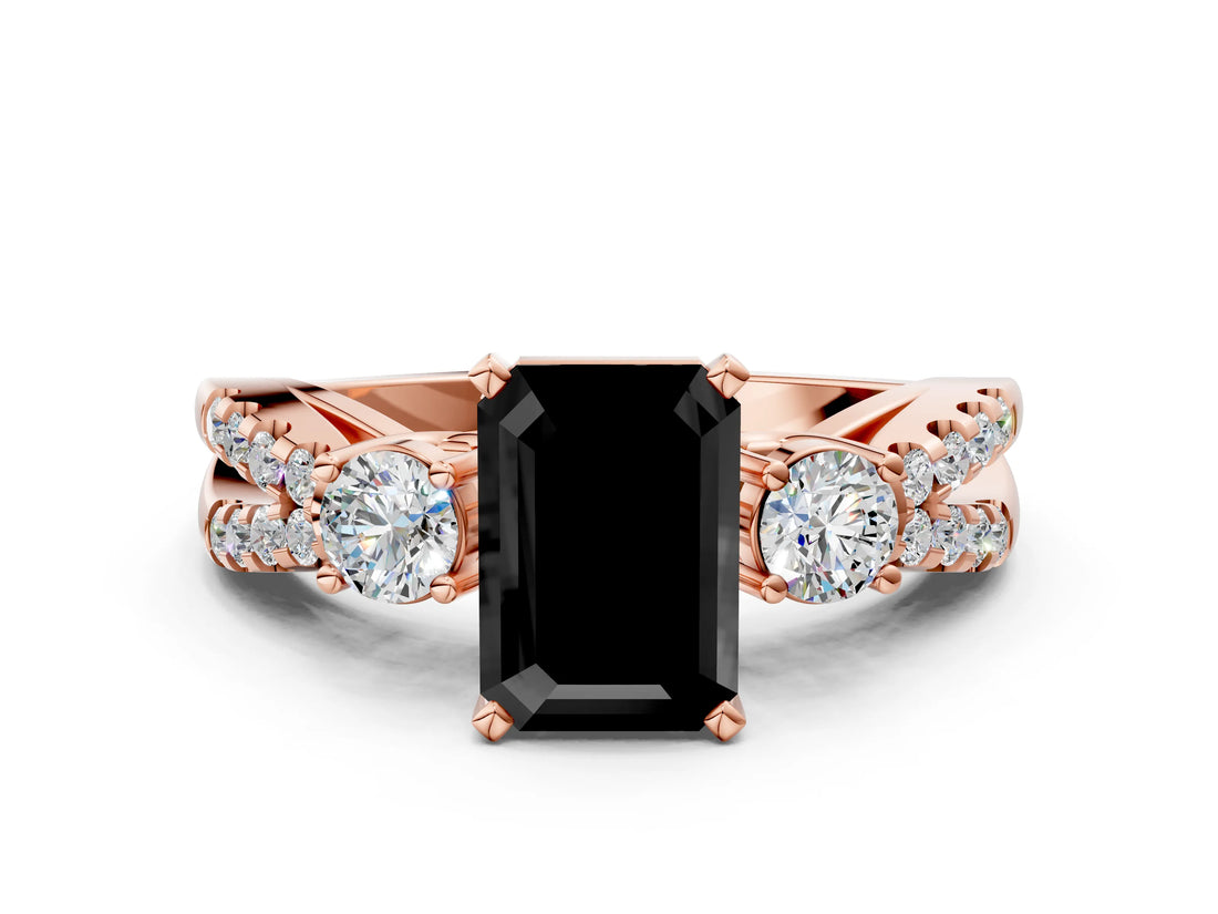 Rose gold Fancy Black Emerald Cut Diamond Three-Stone Ring with Pavé Split Shank and Four-Prong Setting
