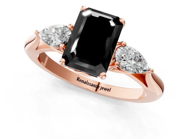 Rose Gold Emerald Cut Three Stone Pear Side Engagement Ring Setting for Black Center