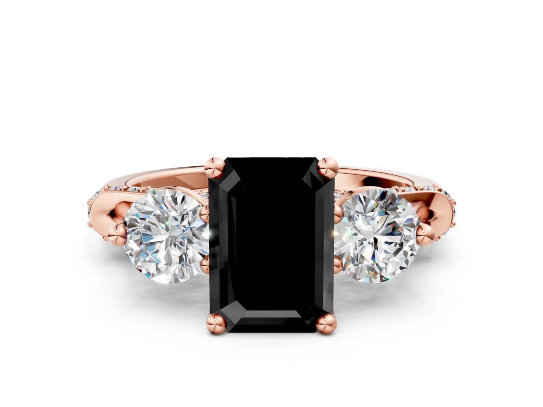 Rose gold Fancy Black Emerald Cut Diamond Three-Stone Ring with Prong Setting and Pavé Band