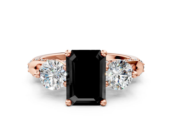 Rose Gold Emerald Cut Curved Pave Three Stone Engagement Ring Setting for Black Center