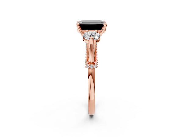 Rose Gold Emerald Cut Curved Pave Three Stone Engagement Ring Setting for Black Center