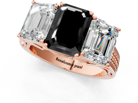 Rose gold Fancy Black Emerald Cut Diamond Three-Stone Ring with Prong Setting and Textured Band_1
