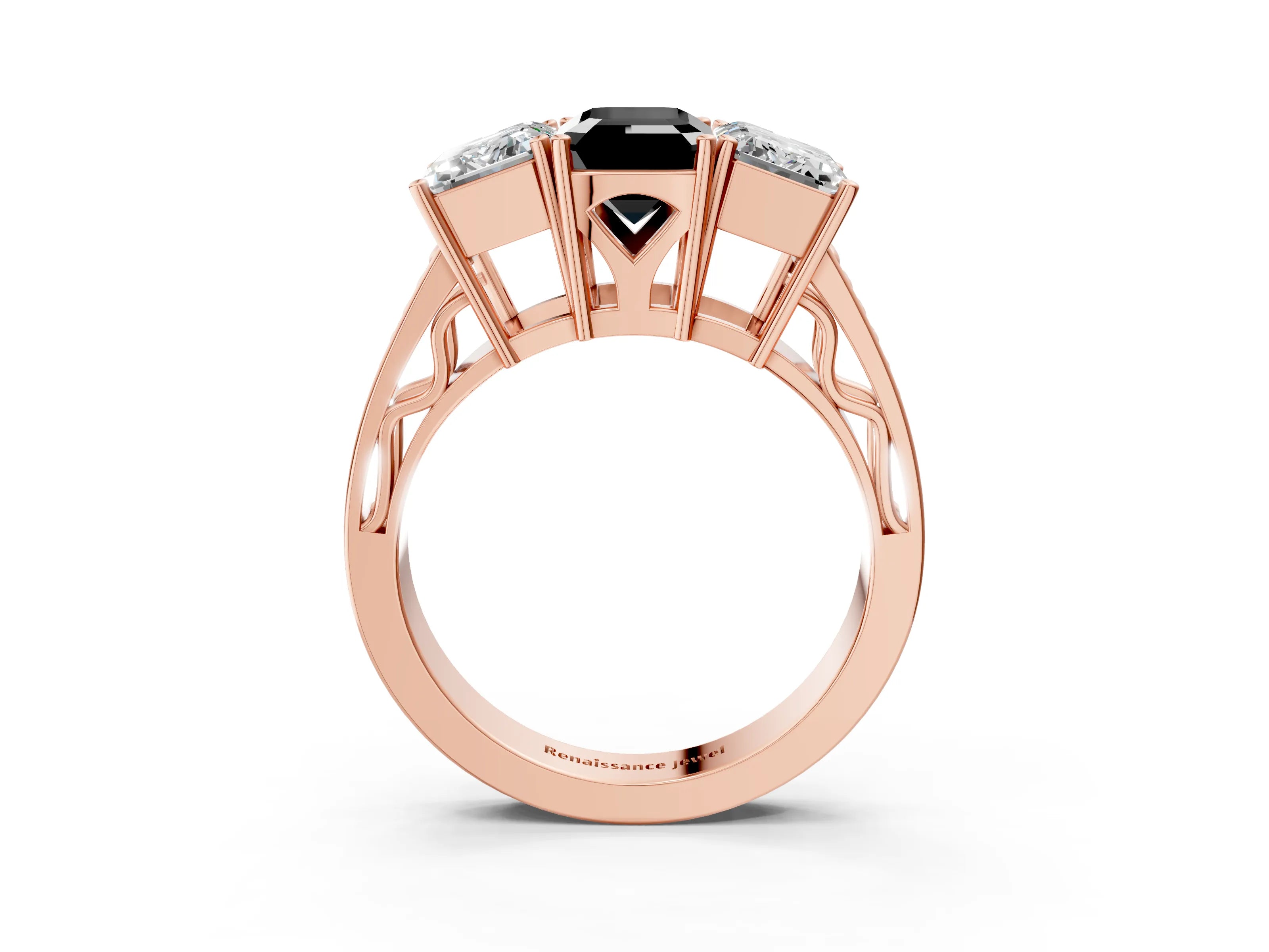 Rose gold Fancy Black Emerald Cut Diamond Three-Stone Ring with Prong Setting and Textured Band_3