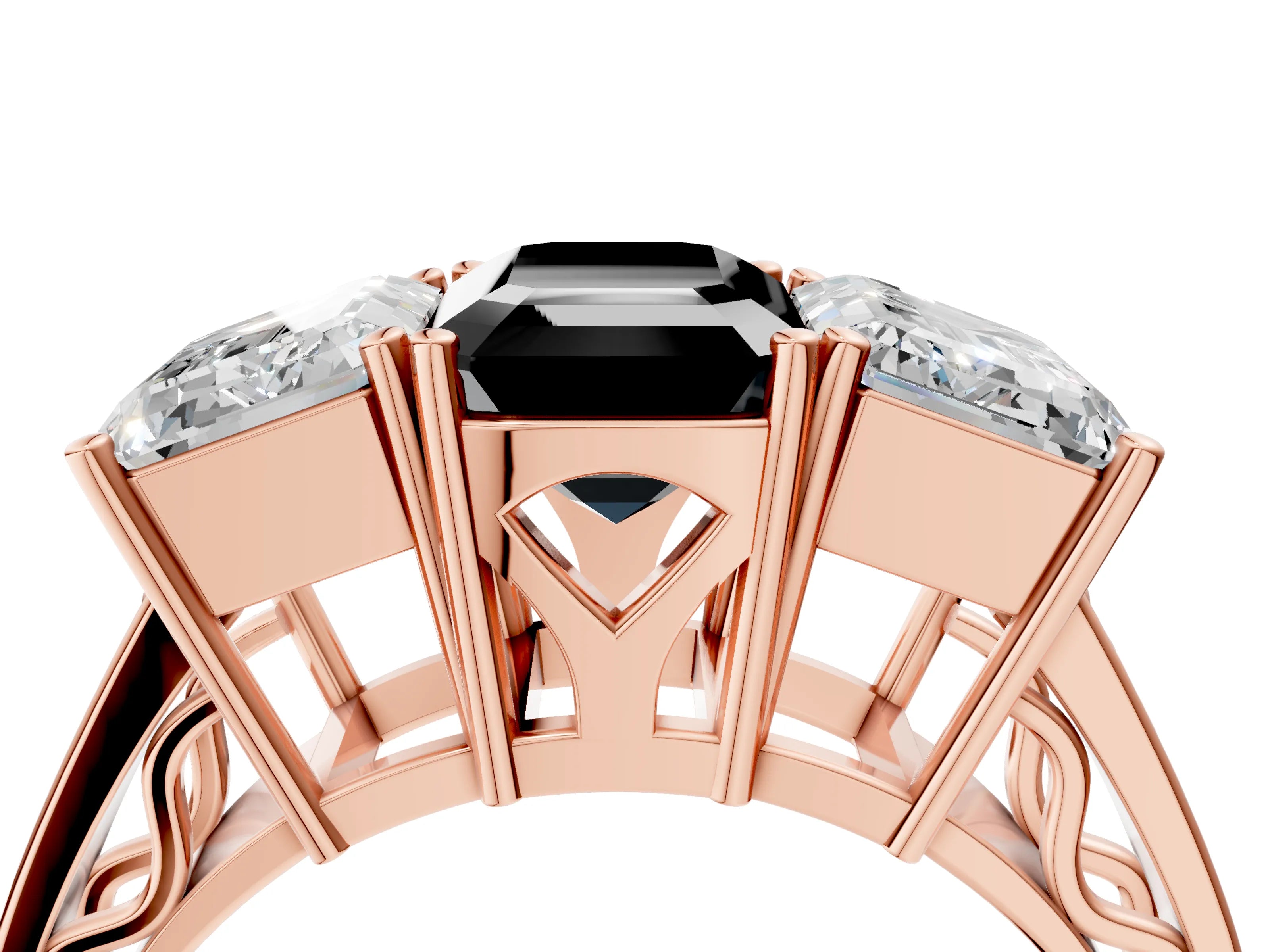 Rose gold Fancy Black Emerald Cut Diamond Three-Stone Ring with Prong Setting and Textured Band_4