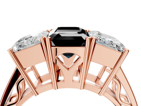 Rose gold Fancy Black Emerald Cut Diamond Three-Stone Ring with Prong Setting and Textured Band_4