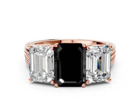 Rose gold Fancy Black Emerald Cut Diamond Three-Stone Ring with Prong Setting and Textured Band