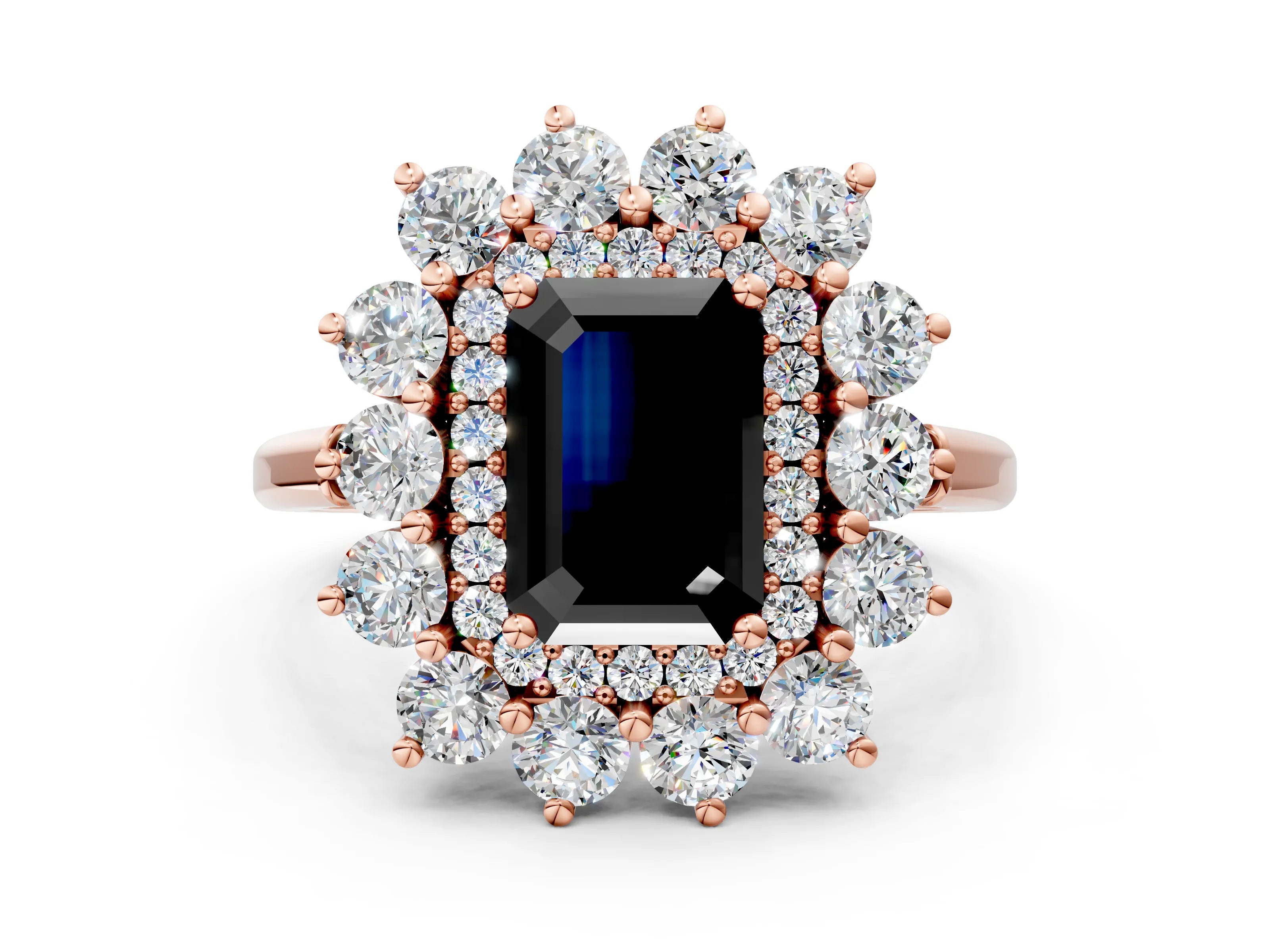 Rose gold Fancy Black Emerald Cut Halo Cluster Diamond Ring with Pave Band and Four-Prong Setting