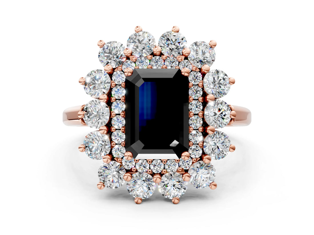 Rose gold Fancy Black Emerald Cut Halo Cluster Diamond Ring with Pave Band and Four-Prong Setting_12
