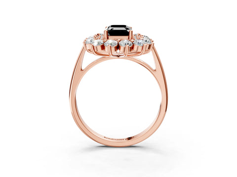 Rose gold Fancy Black Emerald Cut Halo Cluster Diamond Ring with Pave Band and Four-Prong Setting_15