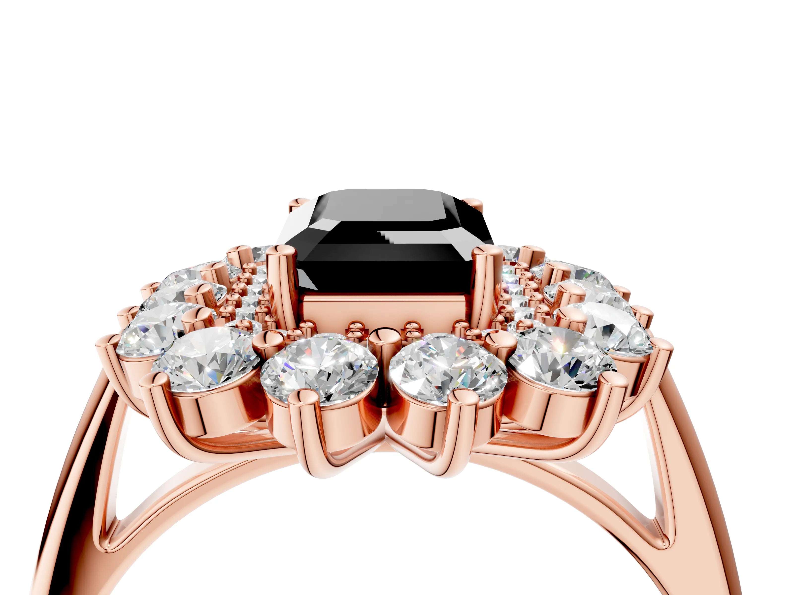 Rose gold Fancy Black Emerald Cut Halo Cluster Diamond Ring with Pave Band and Four-Prong Setting_16