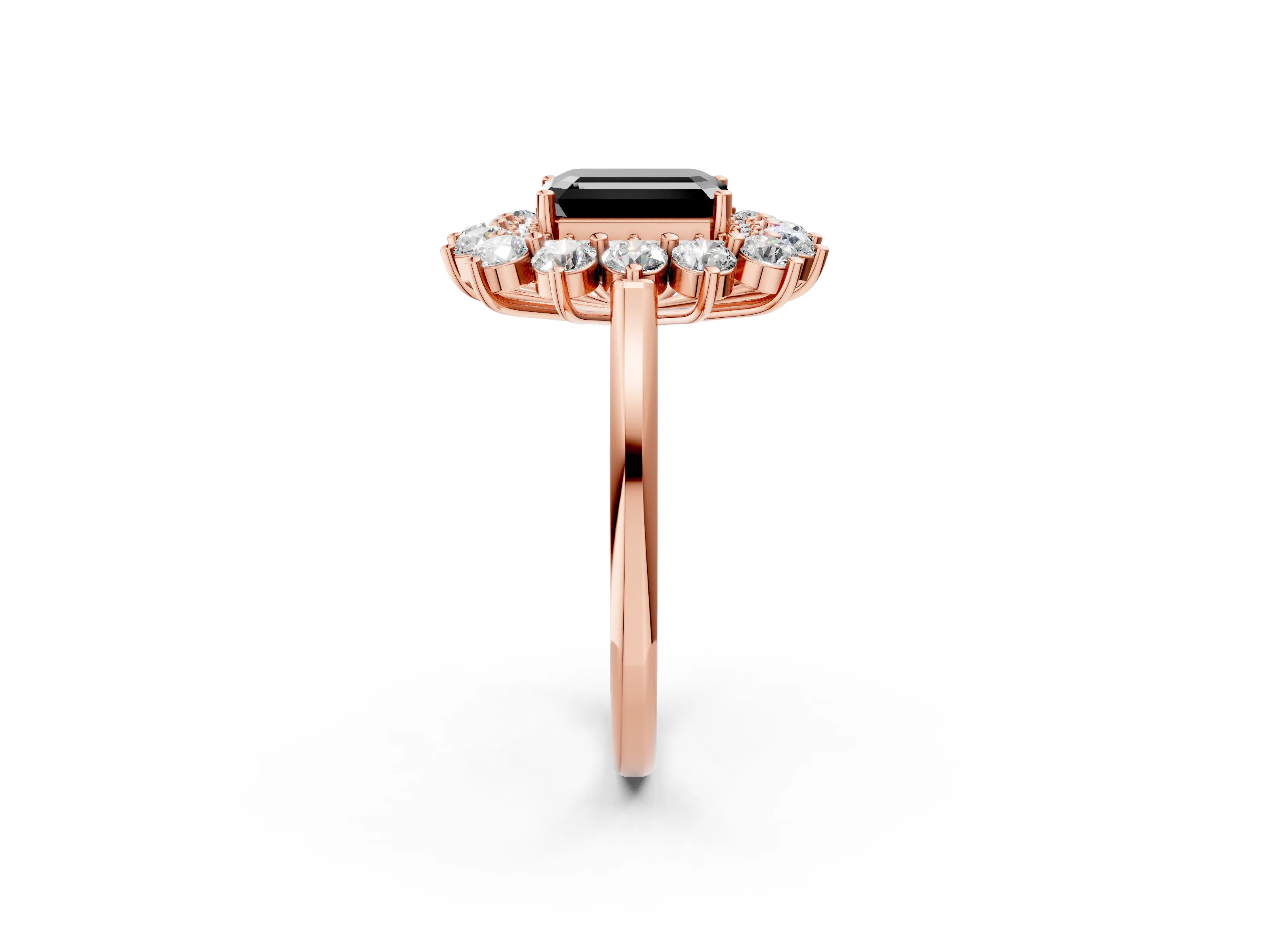 Rose gold Fancy Black Emerald Cut Halo Cluster Diamond Ring with Pave Band and Four-Prong Setting_2