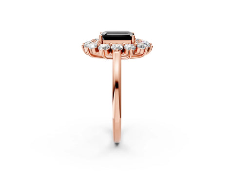 Rose gold Fancy Black Emerald Cut Halo Cluster Diamond Ring with Pave Band and Four-Prong Setting_2