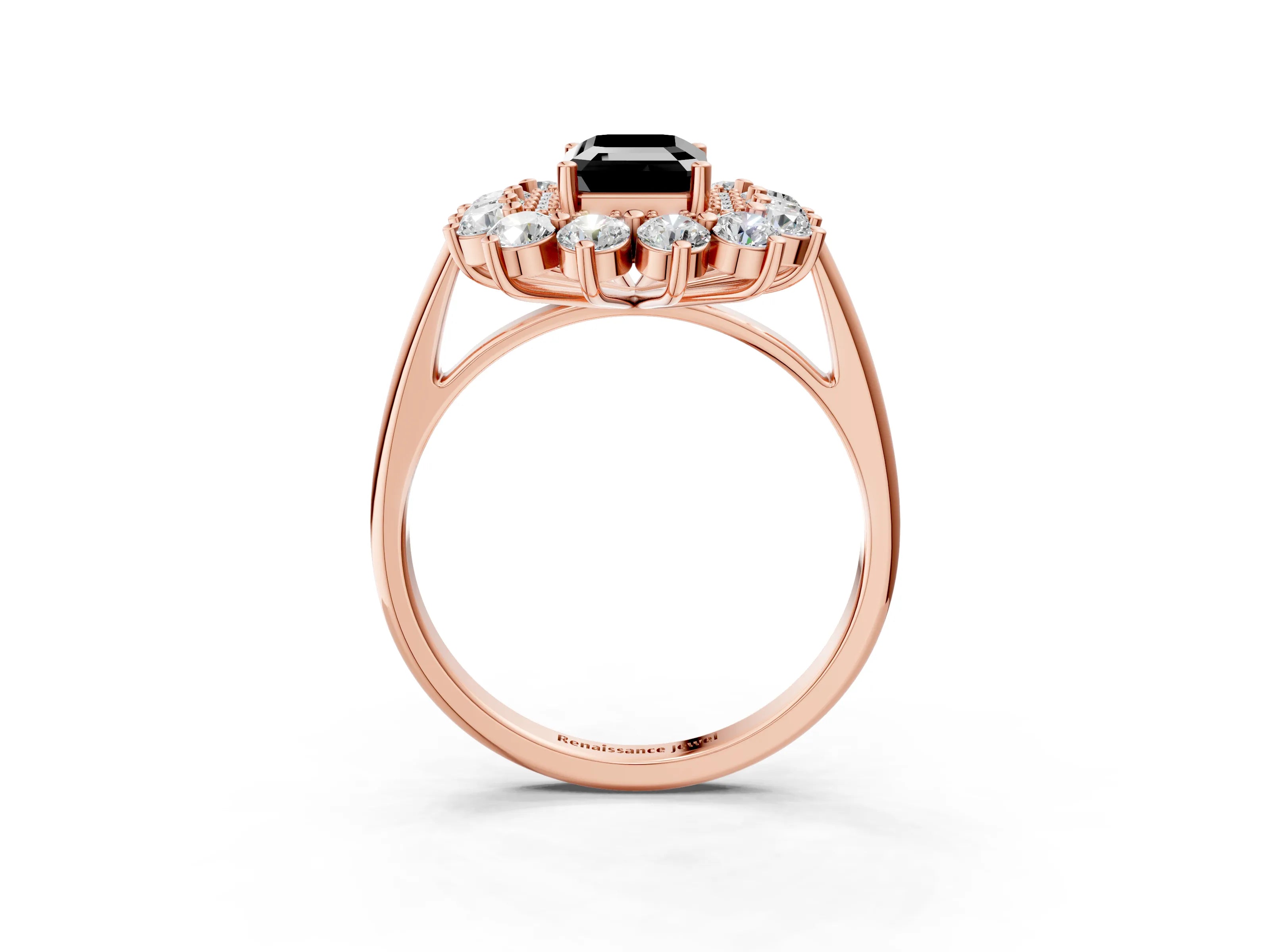 Rose gold Fancy Black Emerald Cut Halo Cluster Diamond Ring with Pave Band and Four-Prong Setting_3