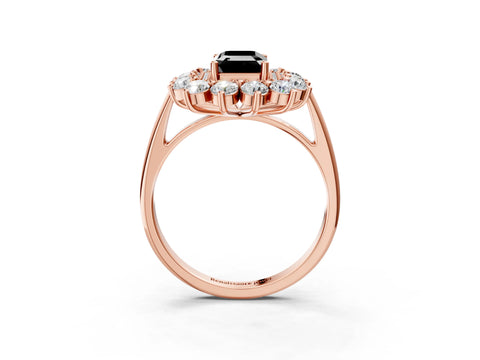 Rose gold Fancy Black Emerald Cut Halo Cluster Diamond Ring with Pave Band and Four-Prong Setting_3
