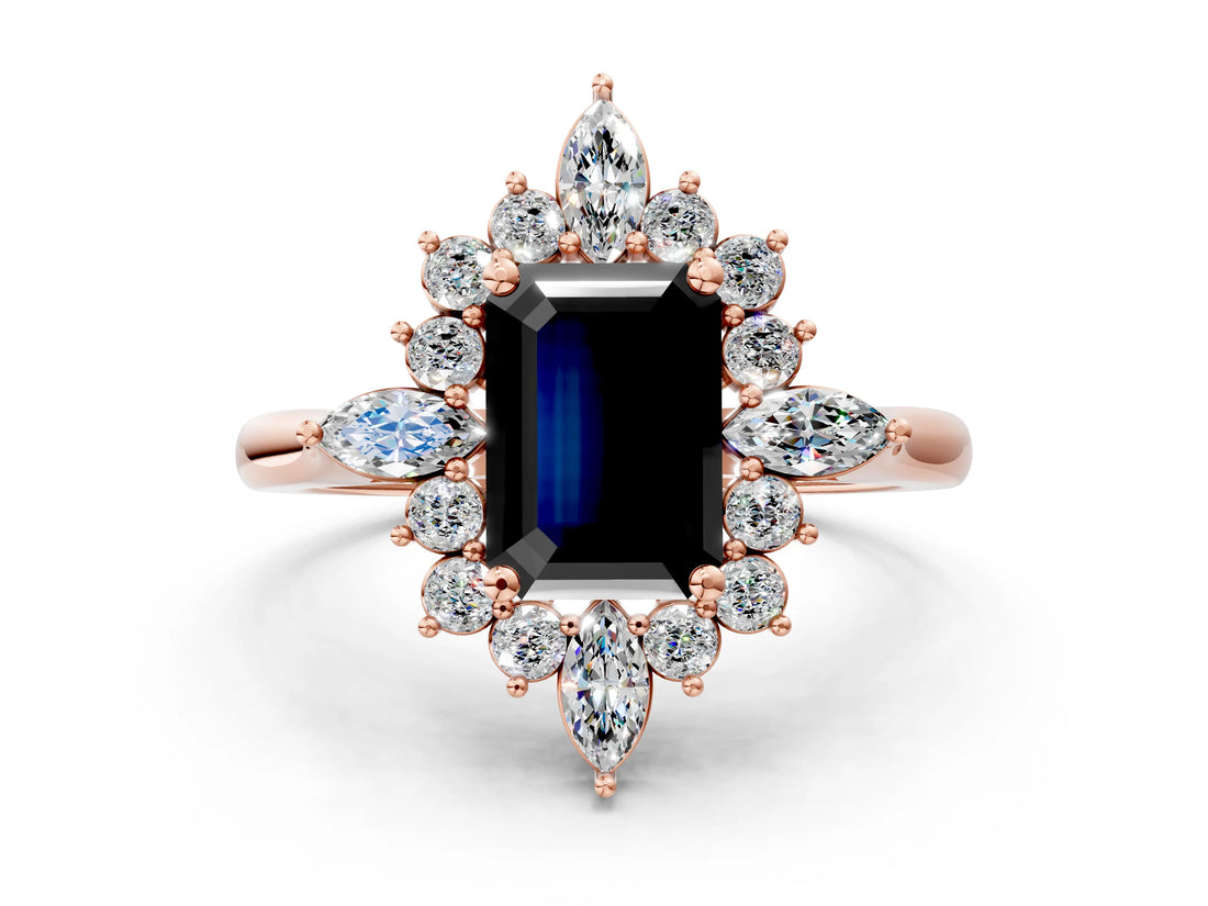 Rose gold Fancy Black Emerald Cut Halo Diamond Cluster Ring with Marquise and Round Stones on a White Gold Band with Prong Setting