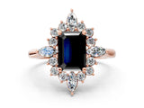 Rose gold Fancy Black Emerald Cut Halo Diamond Cluster Ring with Marquise and Round Stones on a White Gold Band with Prong Setting