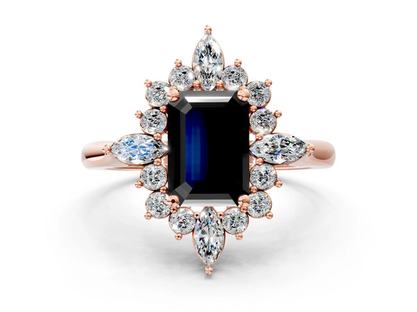 Rose gold Fancy Black Emerald Cut Starburst Halo Engagement Ring Setting with Marquise and Round Accents