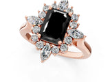 Rose gold Fancy Black Emerald Cut Halo Diamond Cluster Ring with Marquise and Round Stones on a White Gold Band with Prong Setting_1