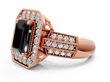 Rose gold Fancy Black Emerald Cut Halo Diamond Engagement Ring with Pave Split Shank and Four-Prong Setting