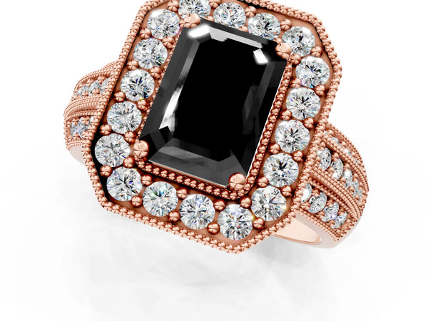 Rose gold Fancy Black Emerald Cut Halo Diamond Engagement Ring with Pave Split Shank and Four-Prong Setting