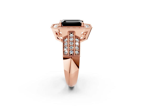 Rose gold Fancy Black Emerald Cut Halo Diamond Engagement Ring with Pave Split Shank and Four-Prong Setting