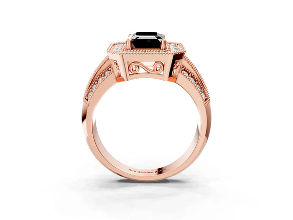 Rose gold Fancy Black Emerald Cut Halo Diamond Engagement Ring with Pave Split Shank and Four-Prong Setting