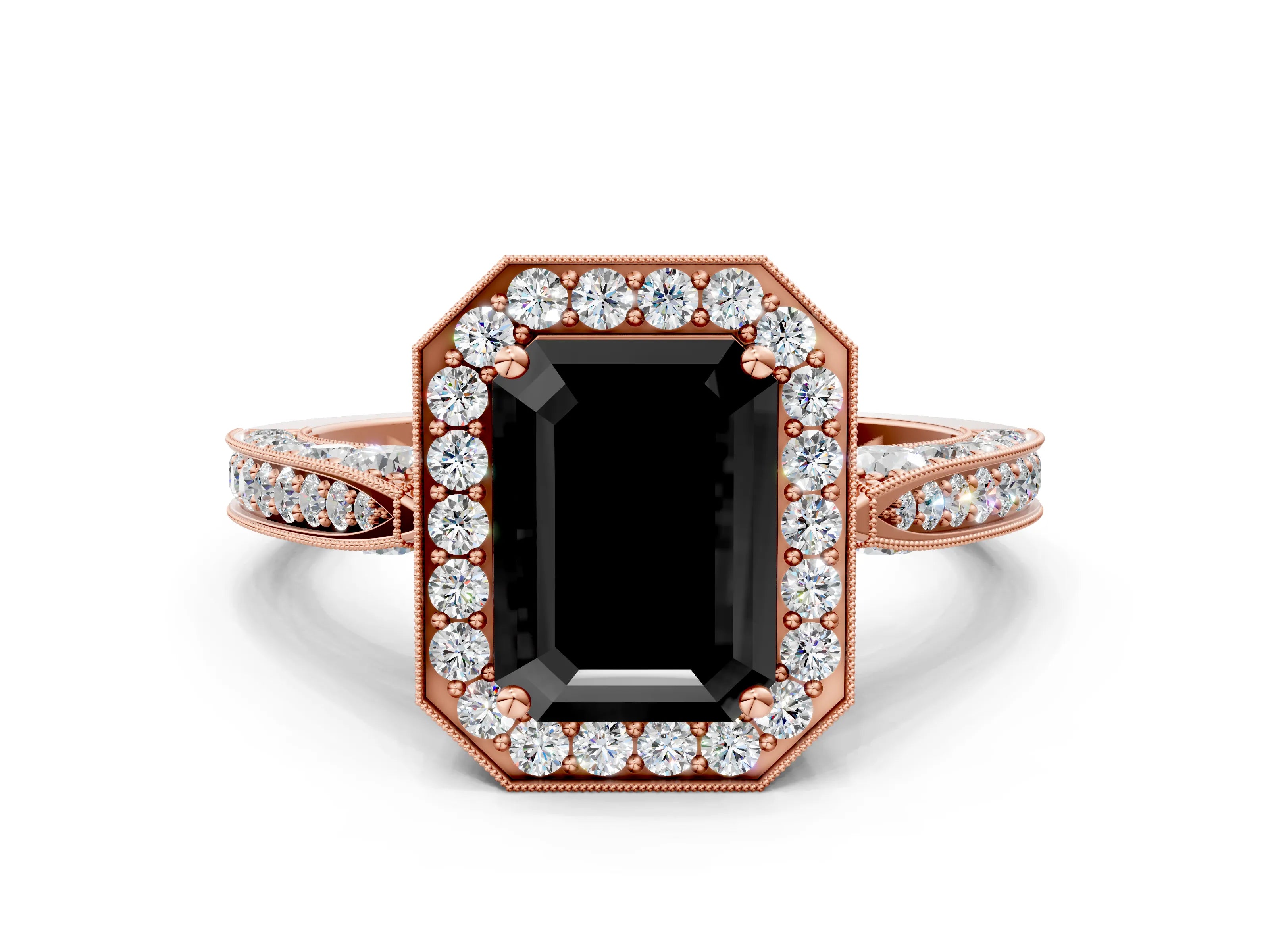 Rose gold Fancy Black Emerald Cut Halo Diamond Engagement Ring with Split Shank Band and Four-Prong Setting