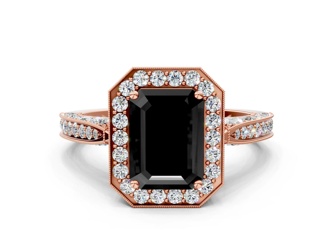 Rose gold Fancy Black Emerald Cut Halo Diamond Engagement Ring with Split Shank Band and Four-Prong Setting