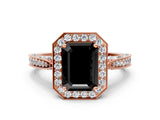 Rose gold Fancy Black Emerald Cut Halo Diamond Engagement Ring with Split Shank Band and Four-Prong Setting