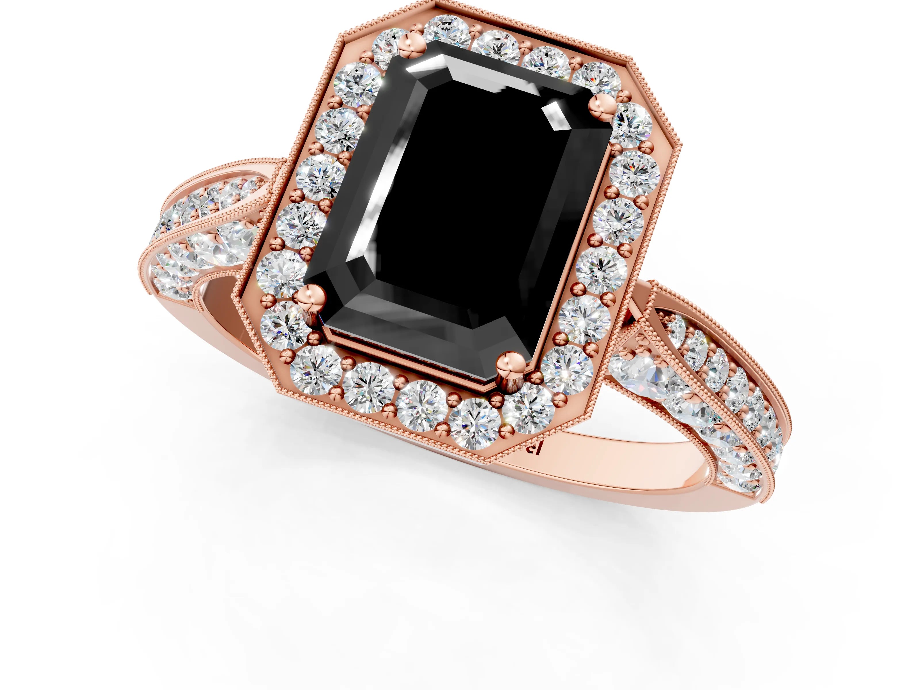 Rose gold Fancy Black Emerald Cut Halo Diamond Engagement Ring with Split Shank Band and Four-Prong Setting_1