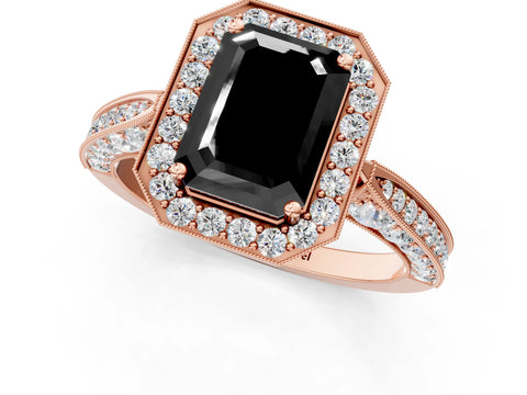 Rose gold Fancy Black Emerald Cut Halo Diamond Engagement Ring with Split Shank Band and Four-Prong Setting_1