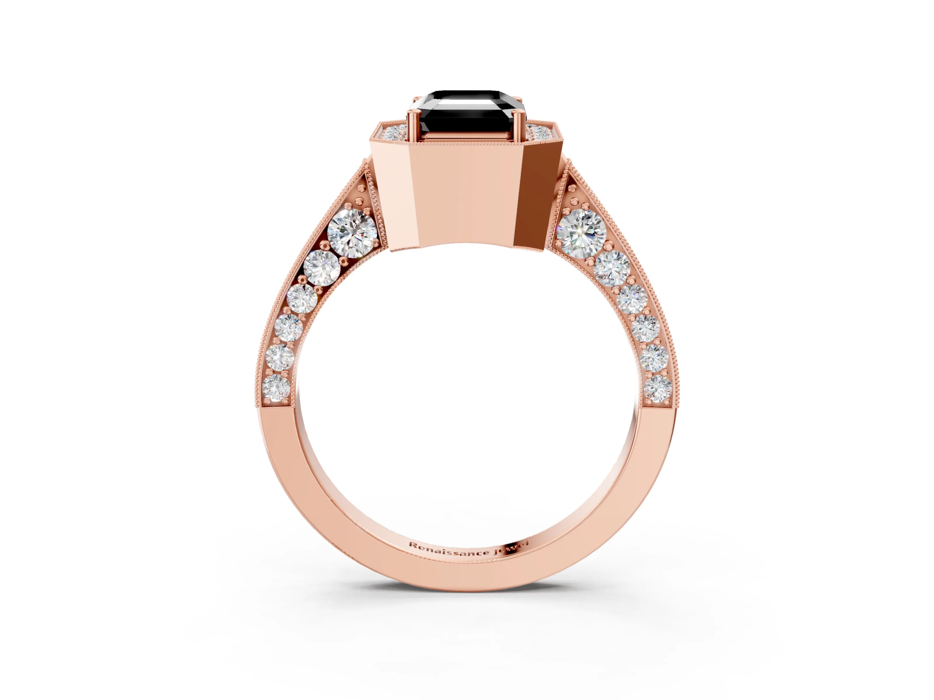 Rose gold Fancy Black Emerald Cut Halo Diamond Engagement Ring with Split Shank Band and Four-Prong Setting_3