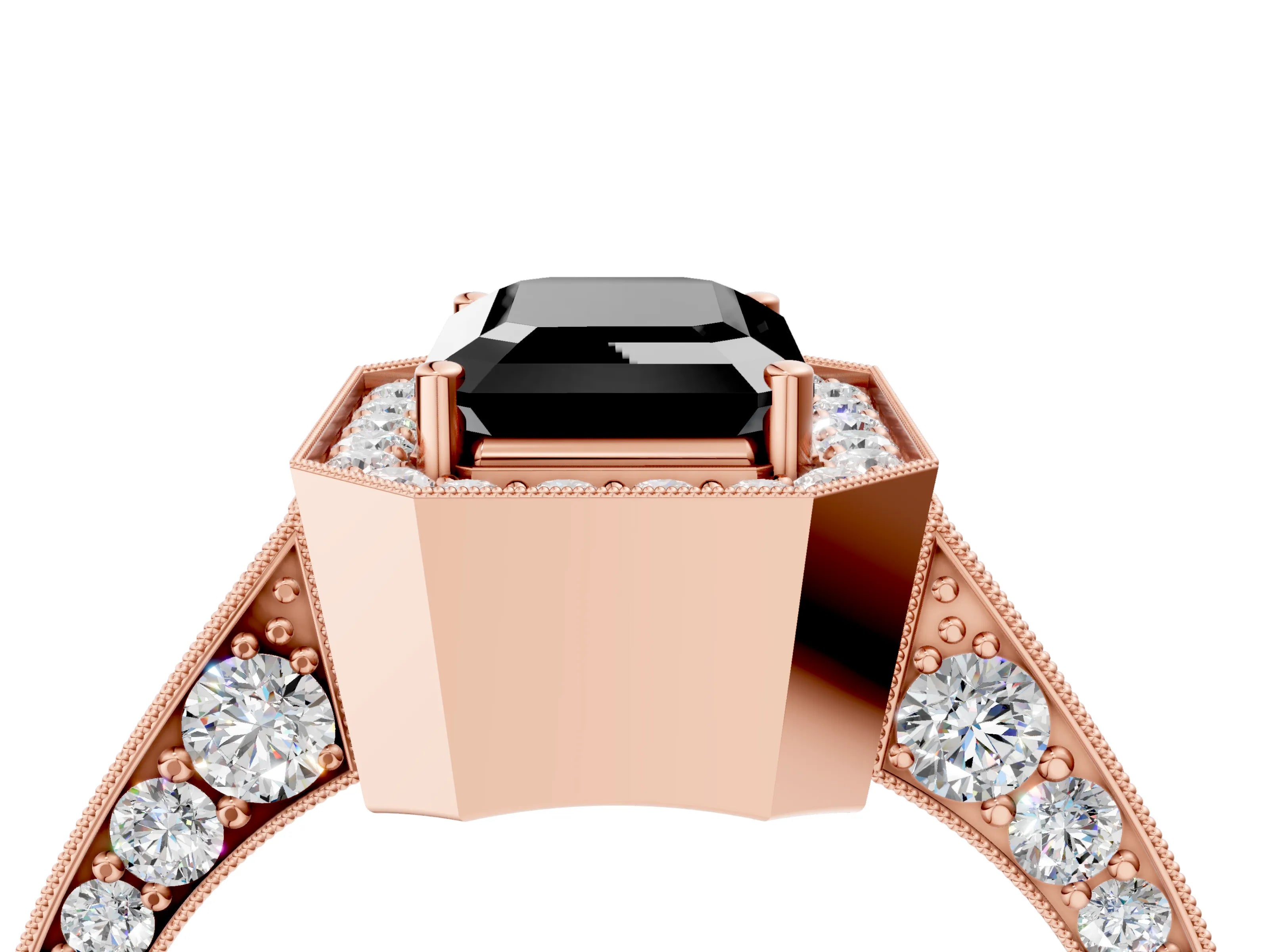 Rose gold Fancy Black Emerald Cut Halo Diamond Engagement Ring with Split Shank Band and Four-Prong Setting_4