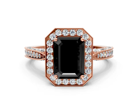 Rose gold Fancy Black Emerald Cut Halo Diamond Engagement Ring with Split Shank Band and Four-Prong Setting
