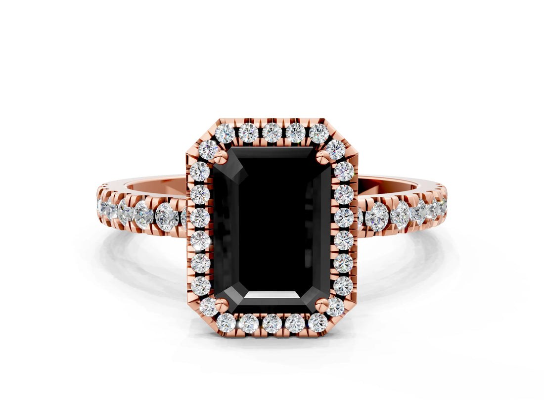 Rose gold Fancy Black Emerald Cut Halo Diamond Pave Band with Prong Setting
