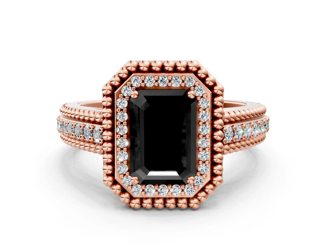 Rose gold Fancy Black Emerald Cut Halo Diamond Ring with Beaded Split Shank and Four-Prong Setting