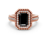 Rose gold Fancy Black Emerald Cut Halo Diamond Ring with Beaded Split Shank and Four-Prong Setting