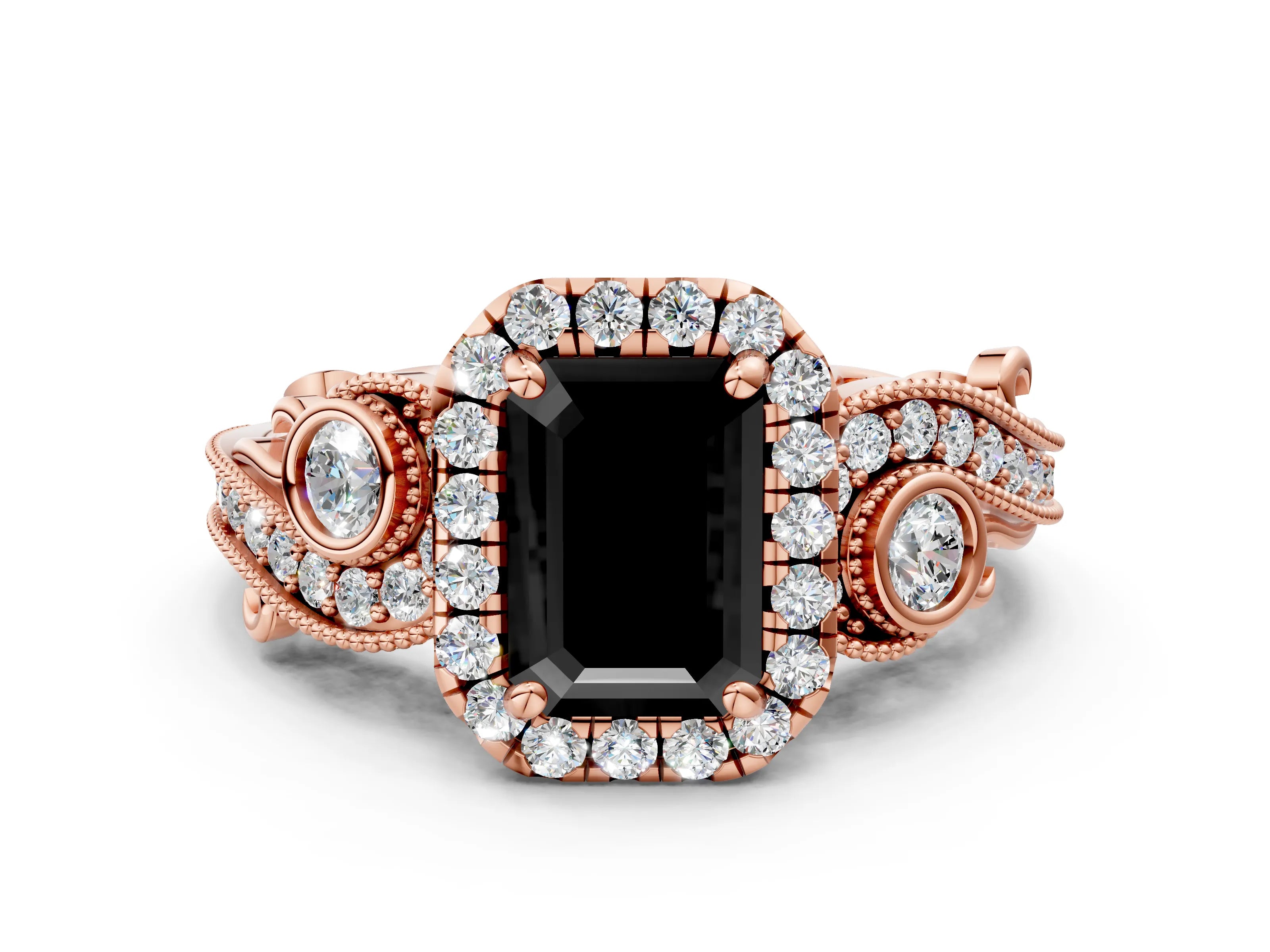 Rose gold Fancy Black Emerald Cut Halo Diamond Ring with Milgrain and Bezel Accents on a Split Shank Band