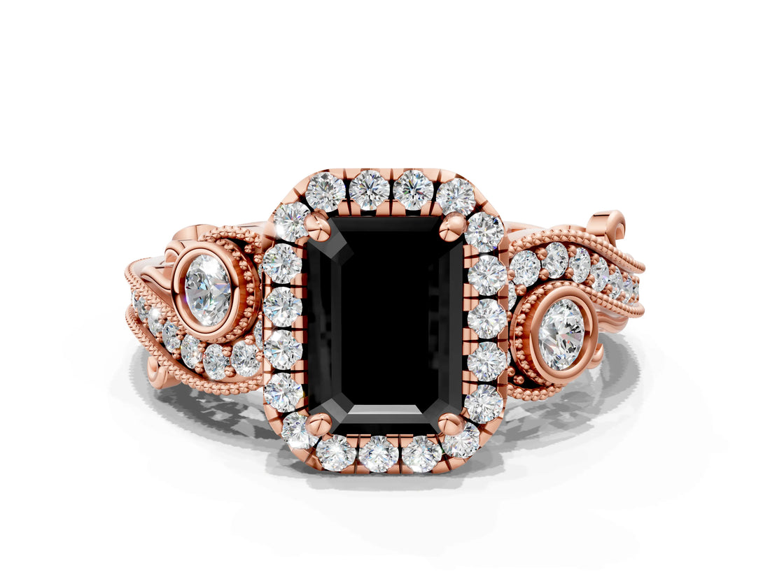 Rose gold Fancy Black Emerald Cut Halo Diamond Ring with Milgrain and Bezel Accents on a Split Shank Band_13