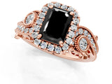 Rose gold Fancy Black Emerald Cut Halo Diamond Ring with Milgrain and Bezel Accents on a Split Shank Band_14