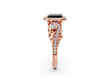 Rose gold Fancy Black Emerald Cut Halo Diamond Ring with Milgrain and Bezel Accents on a Split Shank Band_15