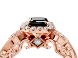 Rose gold Fancy Black Emerald Cut Halo Diamond Ring with Milgrain and Bezel Accents on a Split Shank Band_17
