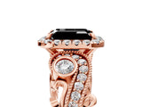 Rose gold Fancy Black Emerald Cut Halo Diamond Ring with Milgrain and Bezel Accents on a Split Shank Band_18
