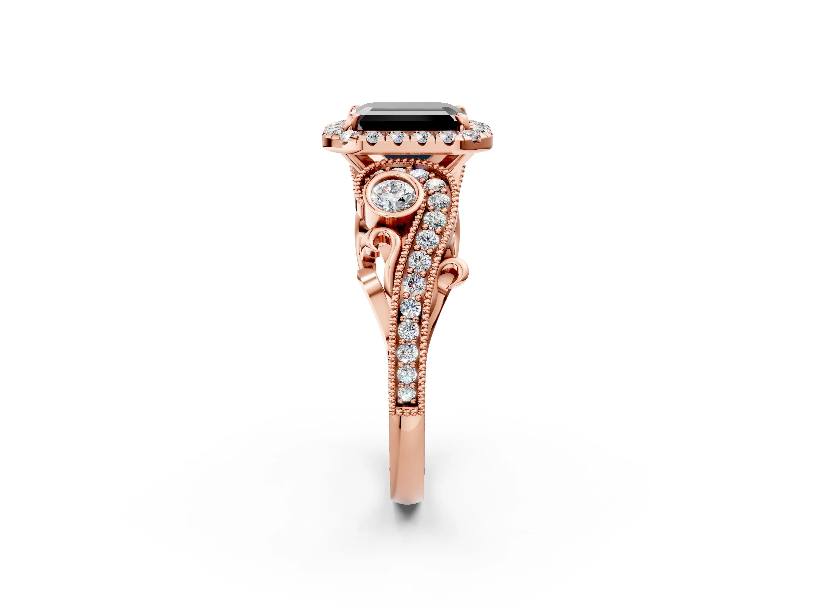 Rose gold Fancy Black Emerald Cut Halo Diamond Ring with Milgrain and Bezel Accents on a Split Shank Band_2