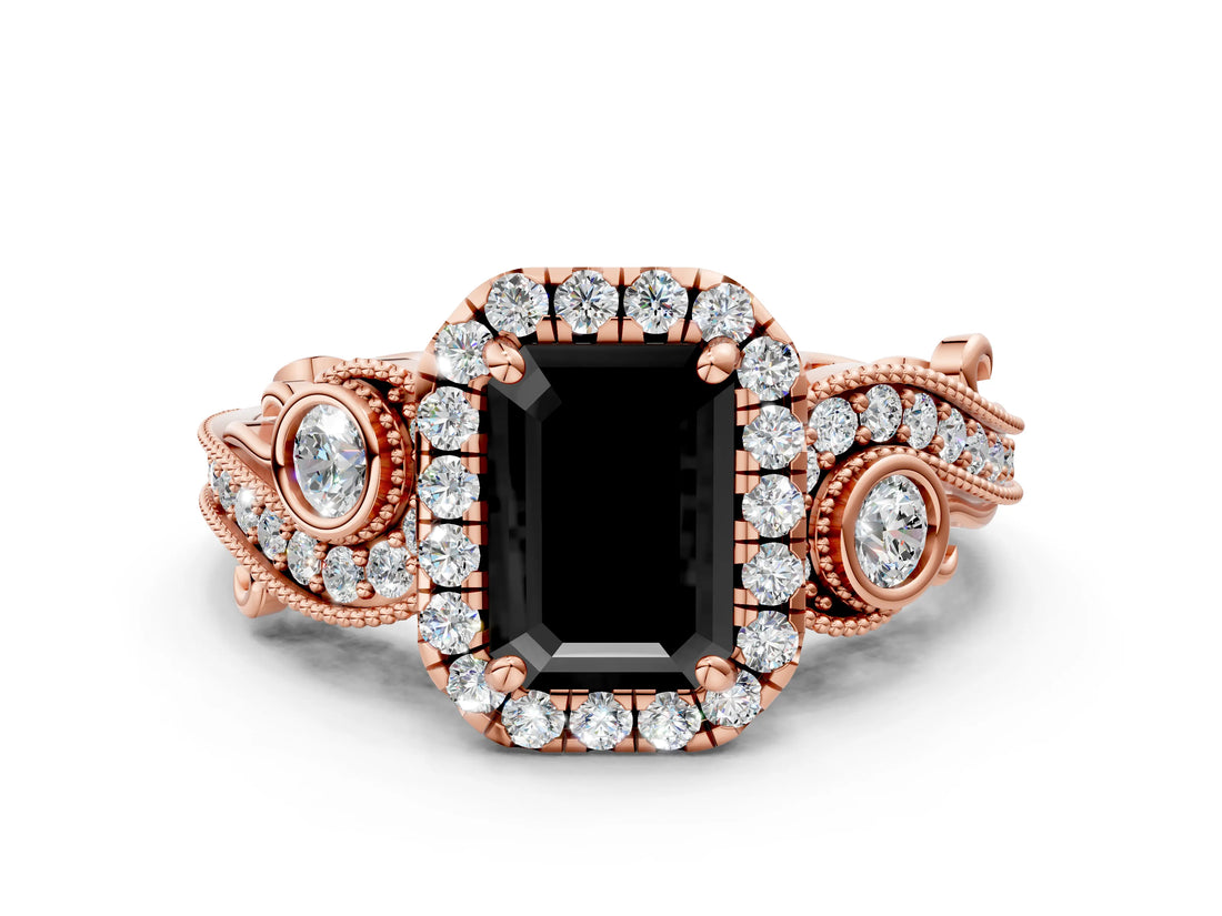 Rose gold Fancy Black Emerald Cut Halo Diamond Ring with Milgrain and Bezel Accents on a Split Shank Band_24