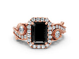 Rose gold Fancy Black Emerald Cut Halo Diamond Ring with Milgrain and Bezel Accents on a Split Shank Band_24