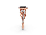 Rose gold Fancy Black Emerald Cut Halo Diamond Ring with Milgrain and Bezel Accents on a Split Shank Band_26